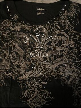 Style & Co Black Tee with Rhinestone Fleur-de-Lis and Scroll Print